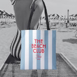 The Beach Club French Red Blue Cabana Stripe Tote Bag<br><div class="desc">The Beach Club tote bag is the perfect everyday bag for your beach trip. Blue cabana stripes with french red beach club lettering. Personalise with the details of you beach trip... year, and beach destination. Perfect for a family or friends beach trip or beach club bachelorette or as a memento...</div>