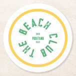 The Beach Club Green Crest Yellow Stripe Round Paper Coaster<br><div class="desc">The Beach Club paper coasters are perfect for your summer gatherings in the garden, by the pool or at the beach... Yellow stripe with green distressed custom beach club crest. Personalise with the details of your gathering... year, beach and destination. Perfect for a family or friends beach trip, beach theme...</div>