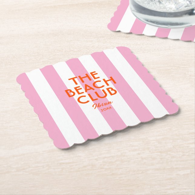 The Beach Club Ibiza Pink Cabana Stripe  Paper Coaster (Angled)