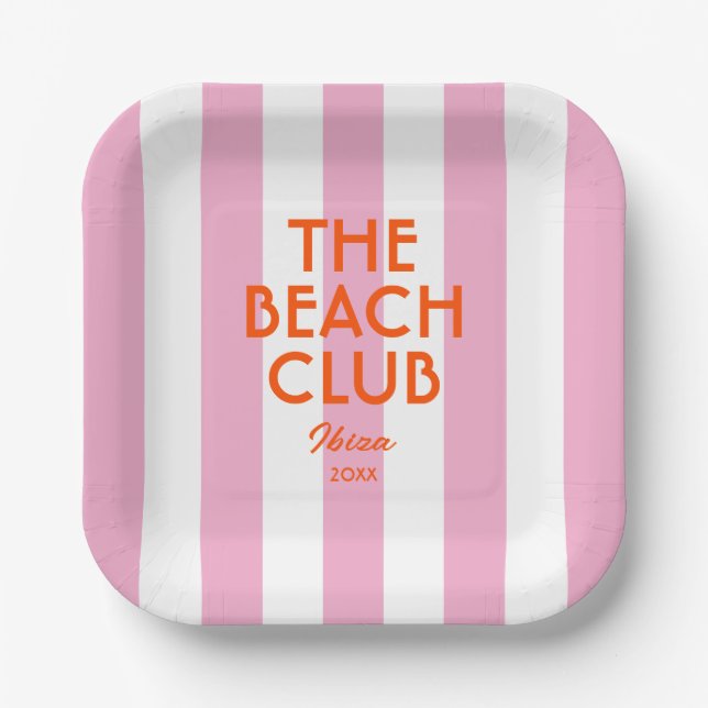The Beach Club Ibiza Pink Cabana Stripe  Paper Plate (Front)