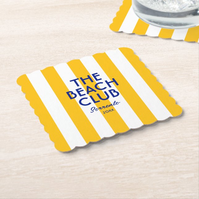 The Beach Club Sorrento Yellow Cabana Stripe  Paper Coaster (Angled)