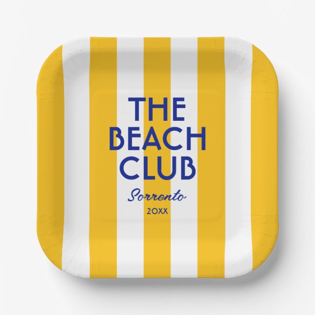 The Beach Club Sorrento Yellow Cabana Stripe  Paper Plate (Front)