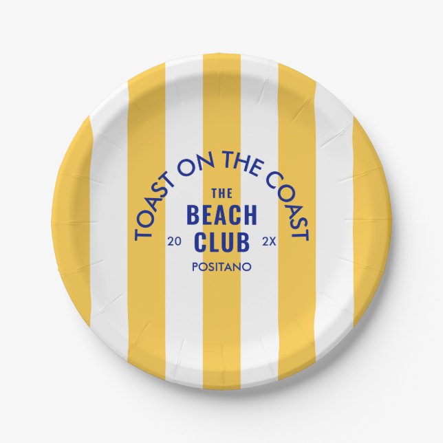 The Beach Club Toast On The Coast Yellow Stripe Paper Plate (Front)