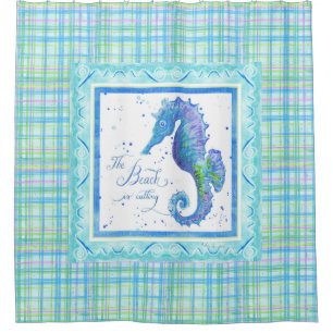 The Beach is Calling Seahorse Ocean Bathroom Decor Shower Curtain