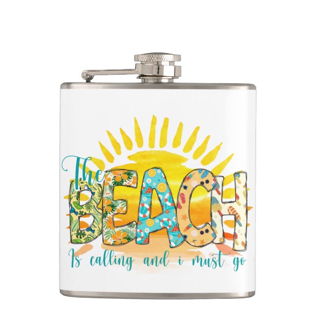 The Beach Is Calling | Sunset Hip Flask (Front)