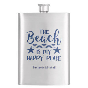 The Beach Is My Happy Place Quote Nautical Coastal Hip Flask
