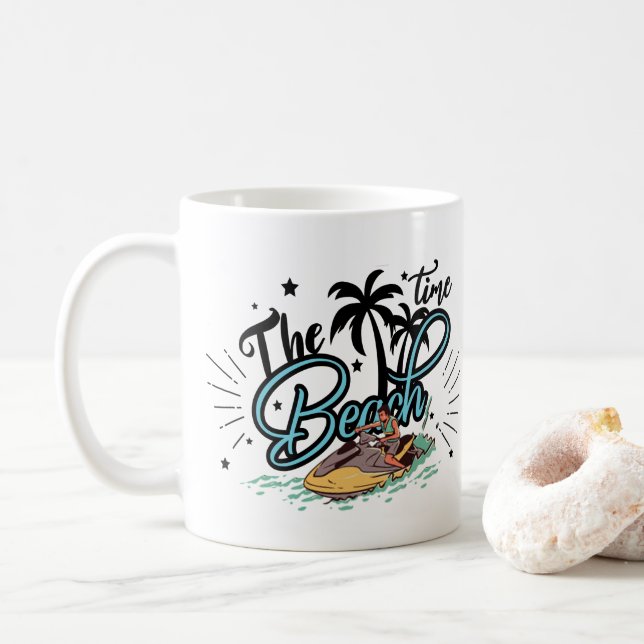 The Beach Time, Surfing On Beach Coffee Mug (With Donut)