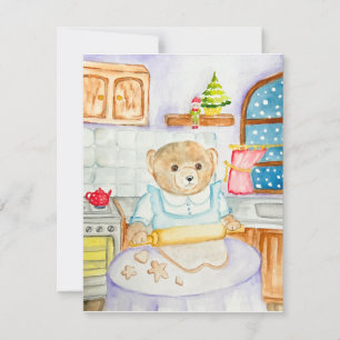 The bear bakes gingerbread holiday card