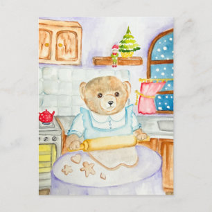 The bear bakes gingerbread holiday postcard