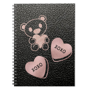 the bear love in pink black fake leather notebook
