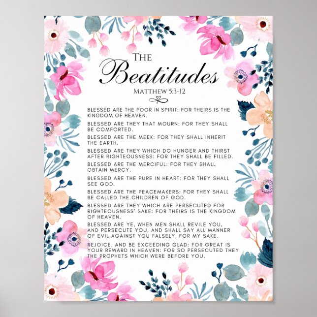 The Beatitudes Matthew 5:3-12 Floral Bible Verse Poster (Front)