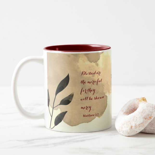 The Beatitudes Scripture Verse 5:7 Two-Tone Coffee Mug (With Donut)