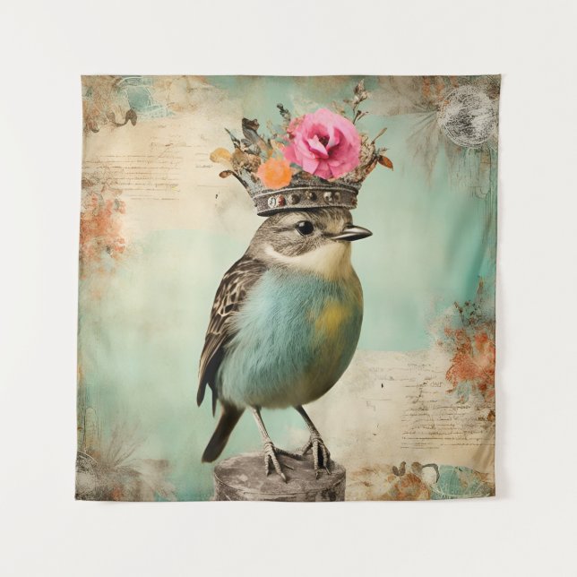 The Beautiful Bird in a Crown Collage Tapestry (Front)