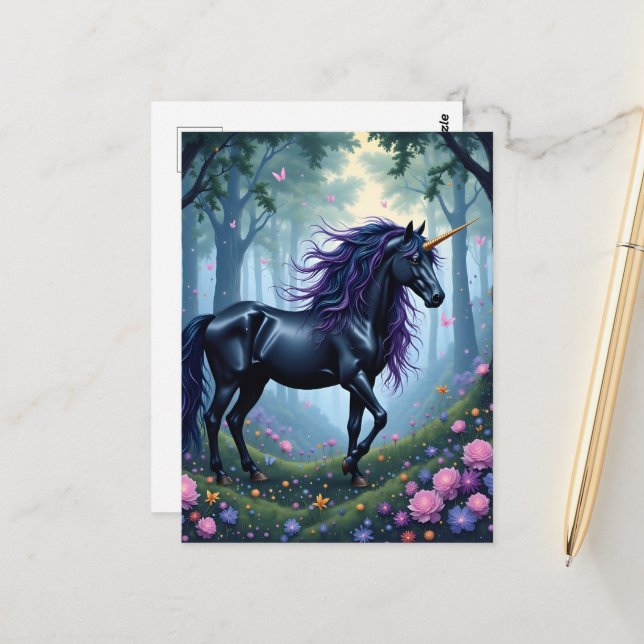 The beautiful black unicorn in the Forest Postcard (Front/Back In Situ)