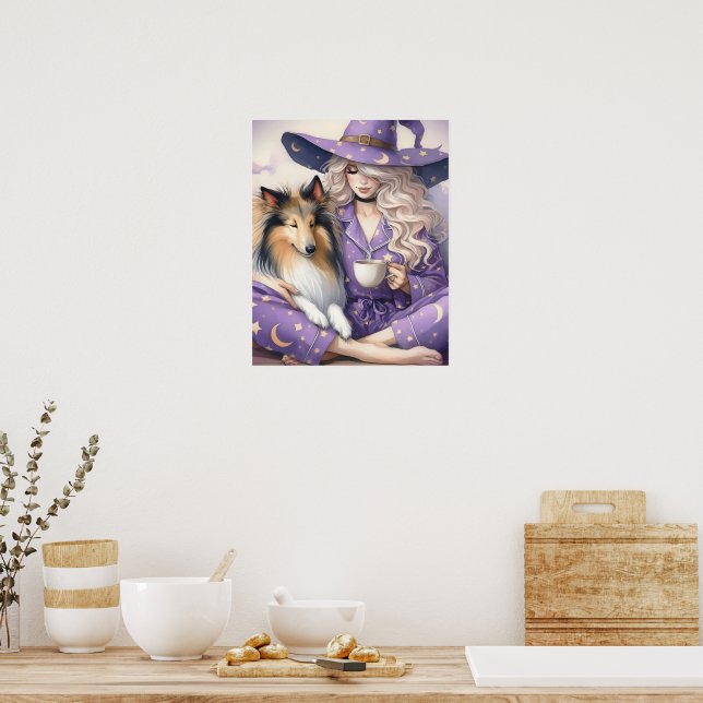 The Beautiful Witch and Her Collie Morning Coffee  Poster (Kitchen)