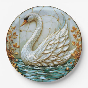The beauty of a swan with a golden plant decor. paper plate