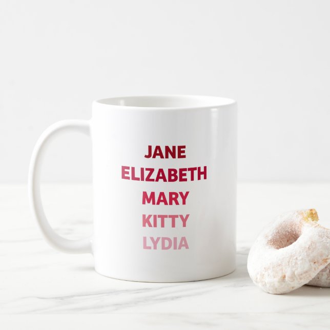 The Bennet Sisters from Pride and Prejudice Coffee Mug (With Donut)