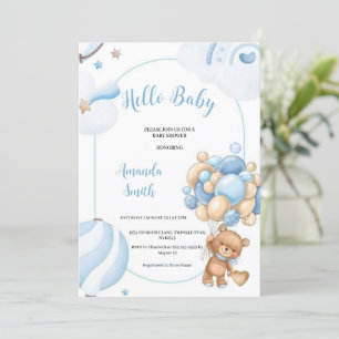 THE BEST BLUE,BROWN AND BEAR HELLO BABY BABYSHOWER INVITATION