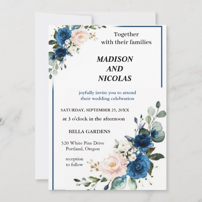 the best cute blue flowers wedding invitation (Front)