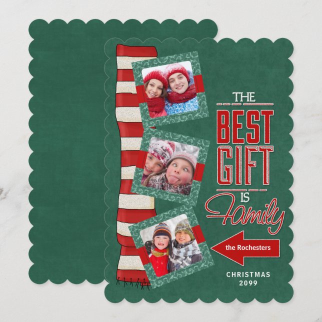 The Best Gift is Family Green Chalkboard 3 Photo Holiday Card (Front/Back)