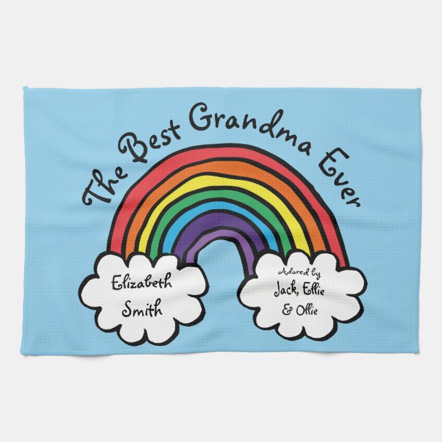 The Best Grandma Granny Ever Rainbow Blue Tea Towel (Horizontal)