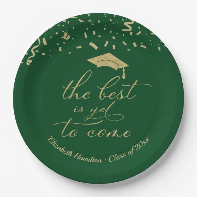 The Best Is Yet To Come Gold Green Grad Party Paper Plate (Front)