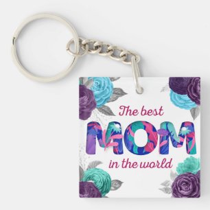 The Best MOM in the World Blue Violet Floral Key Ring