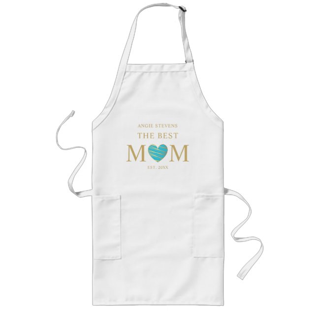 The Best MOM Quote Aquamarine Gold Effect Heart Long Apron (Front)