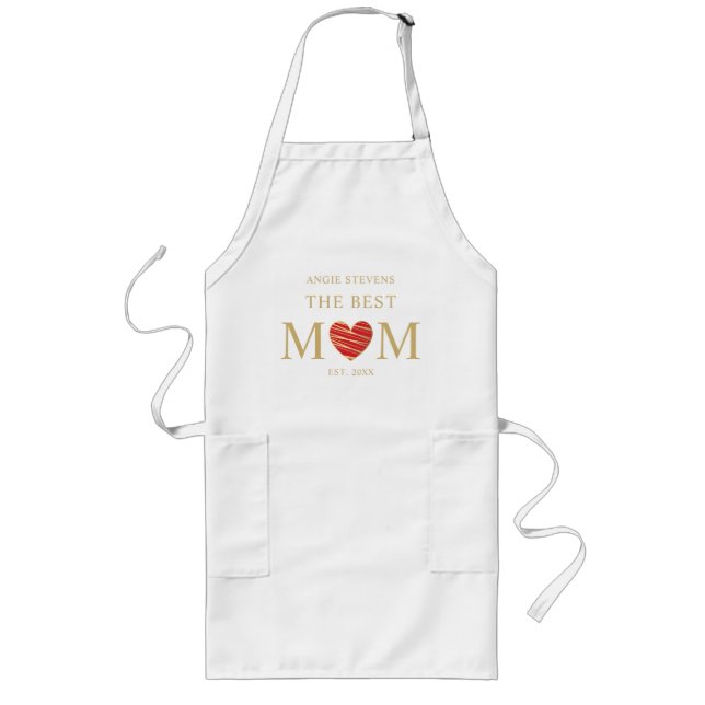 The Best MOM Quote with Red & Gold Effect Heart Long Apron (Front)