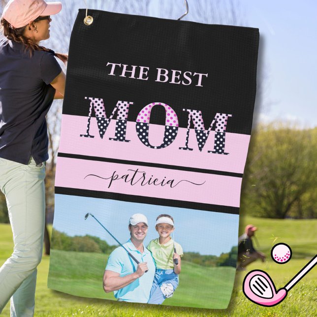 The Best Mum Stylish Photo Black Pink Lettering Golf Towel (Creator Uploaded)