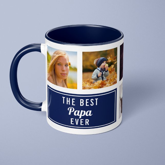 The Best Papa Ever Navy Blue Collage Custom Photo Mug (Creator Uploaded)