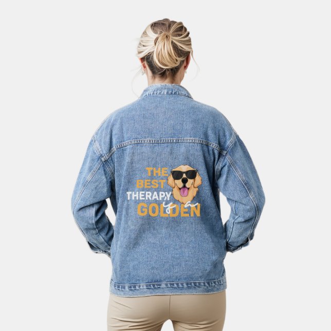The Best Therapy Is a Golden with Sunglasses Denim Jacket (Model)