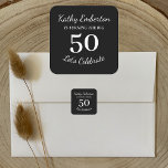 The Big 50 50th Birthday Black and White Square Sticker<br><div class="desc">This sticker makes a great seal for an invite to a 50th birthday party (or any other number). The design features the name at the top with the words "IS TURNING THE BIG" followed by the number and then "Let's celebrate." This black and white design is a very classic design...</div>