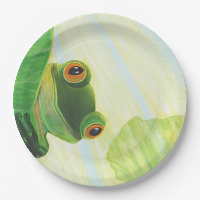 The big-eyed green frog behind lily pad   paper plate (Front)