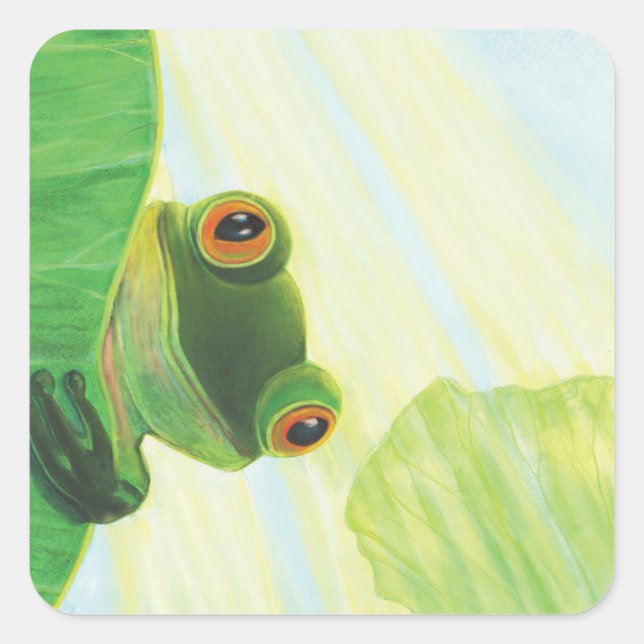 The big-eyed green frog behind lily pad   square sticker (Front)