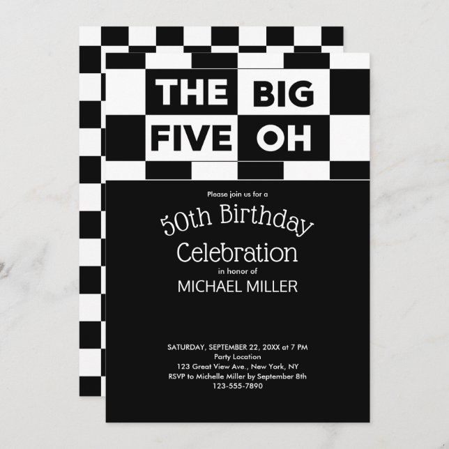 The Big Five Oh Black and White Chequered Pattern Invitation (Front/Back)