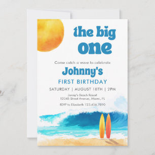 The Big One 1st Birthday Surf Beach Watercolor Invitation