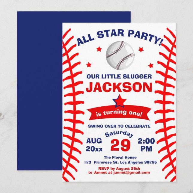 The Big One Baseball All Star Slugger Boy Birthday Invitation (Front/Back)