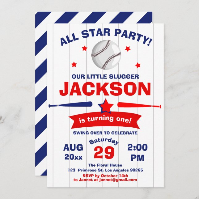The Big One Baseball Boy Little Slugger Birthday Invitation (Front/Back)