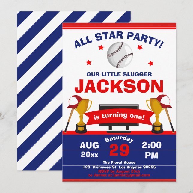 The Big One Baseball Little Slugger Boy Birthday Invitation (Front/Back)