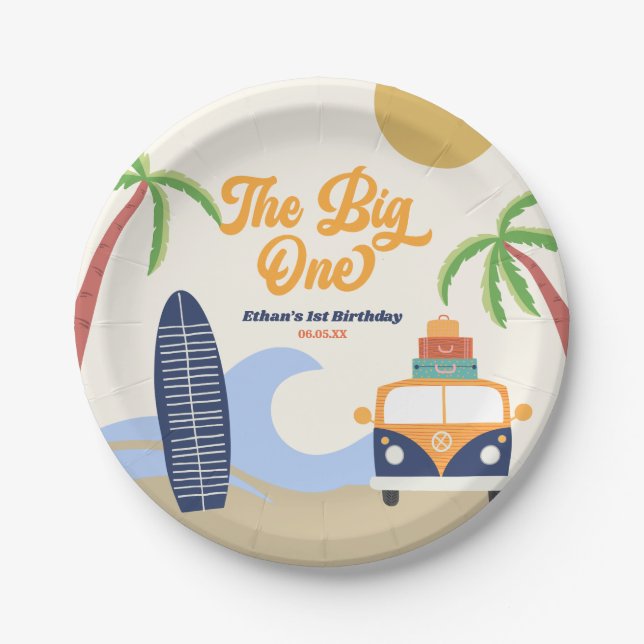 The Big One Beach Surf Blue 1st Birthday Party Paper Plate (Front)