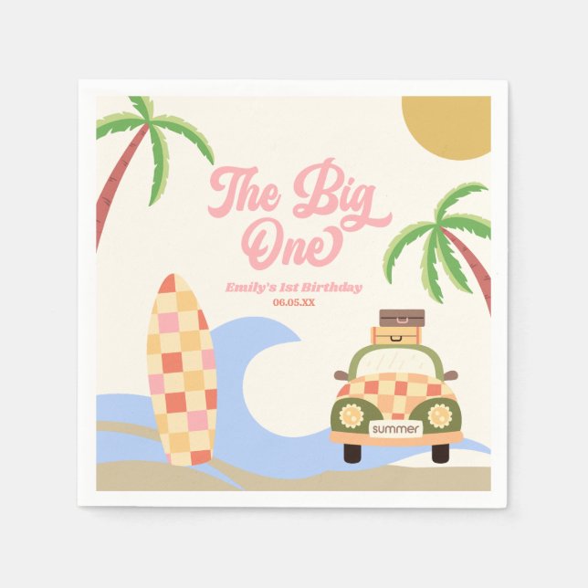 The Big One Beach Surf Pink 1st Birthday Party Napkin (Front)