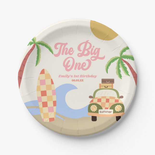 The Big One Beach Surf Pink 1st Birthday Party Paper Plate (Front)