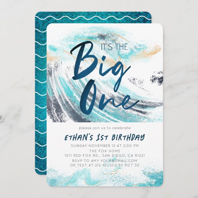 The Big One Blue Wave Splash Surfing 1st Birthday Invitation (Front/Back)