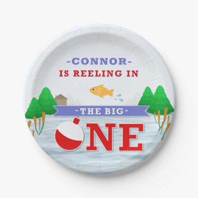 The Big One Colourful Fishing Theme 1st Birthday Paper Plate (Front)