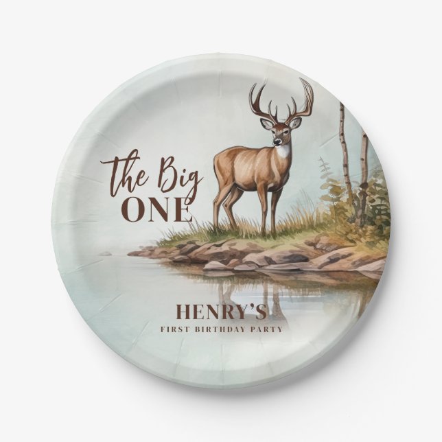 The Big ONE Deer First Hunting 1st Birthday Paper Plate (Front)
