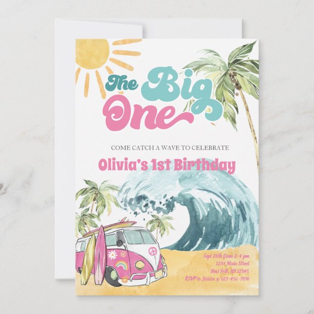 The BIG ONE First Birthday-Beach Surfing Party  In Invitation (Front)