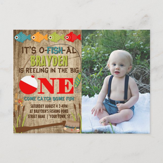 The Big One Fishing Theme Boys 1st Birthday Invitation Postcard (Front)