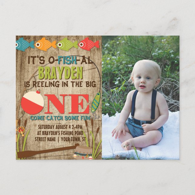 The Big One Fishing Theme Boys First Birthday Invitation Postcard (Front)