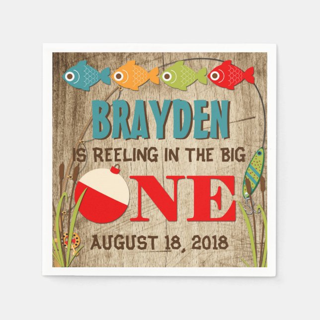 The Big One Fishing Theme Boys First Birthday Napkin (Front)